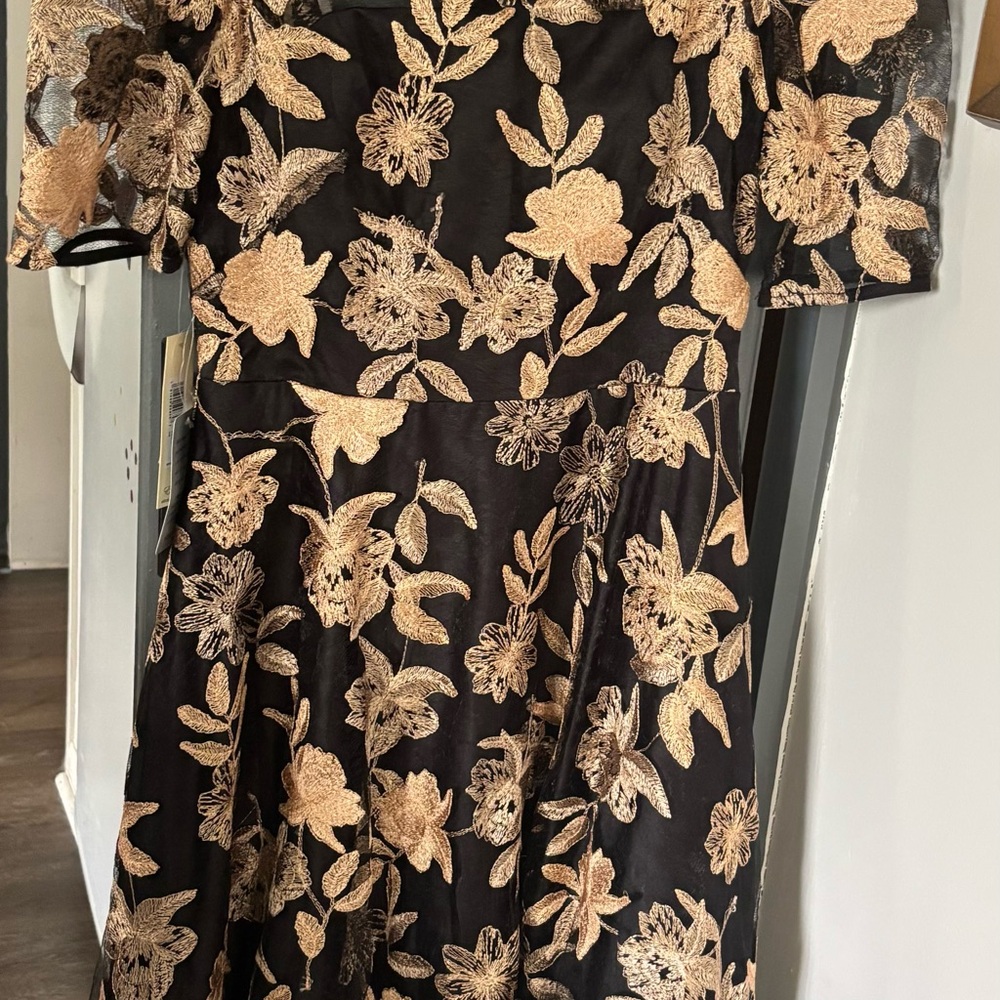 Eliza J Black Dress with Gold Floral Embroidery Dress and